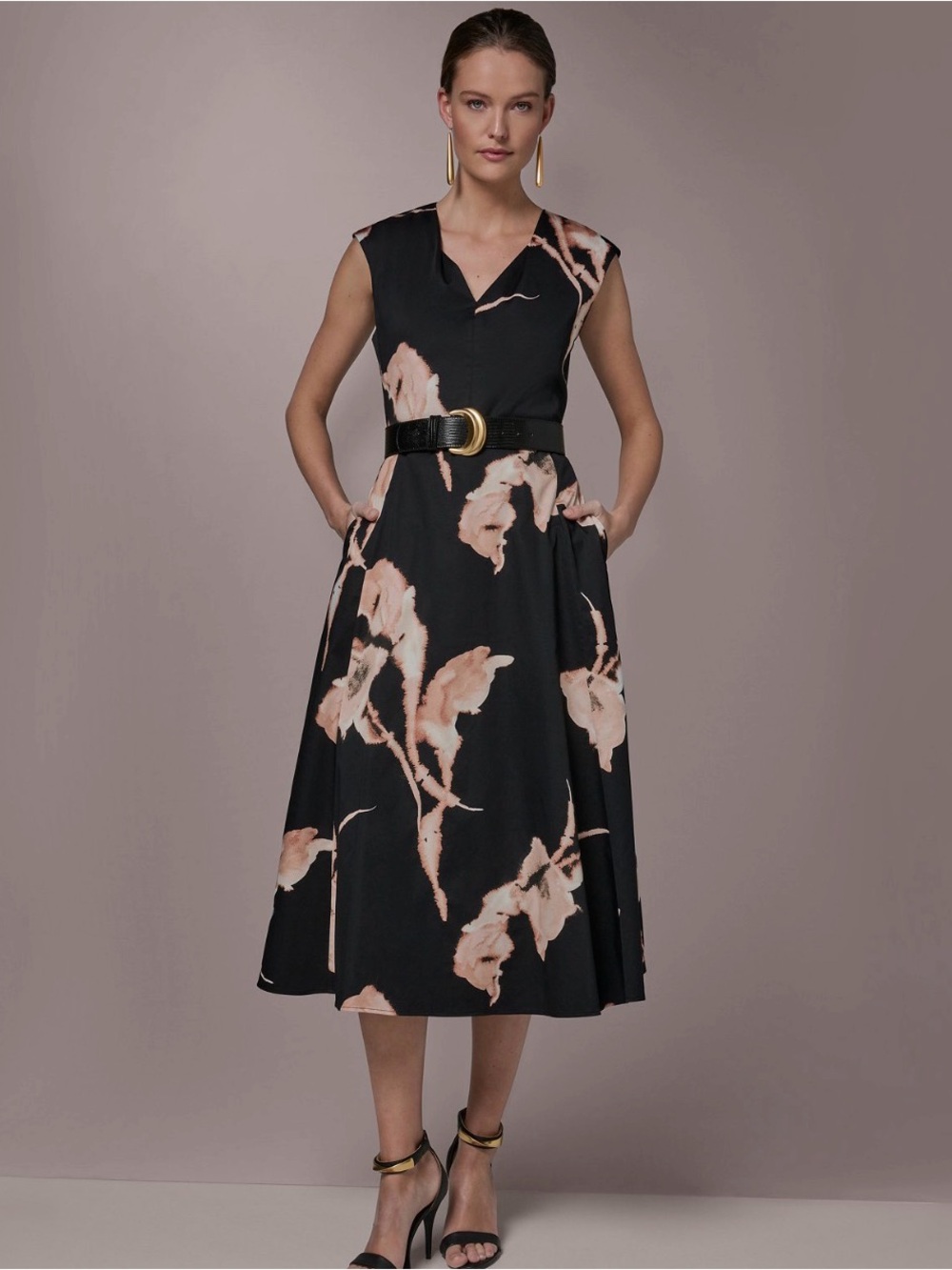 Donna Karan Black Midi Dress with Blush Floral Pattern and Belt